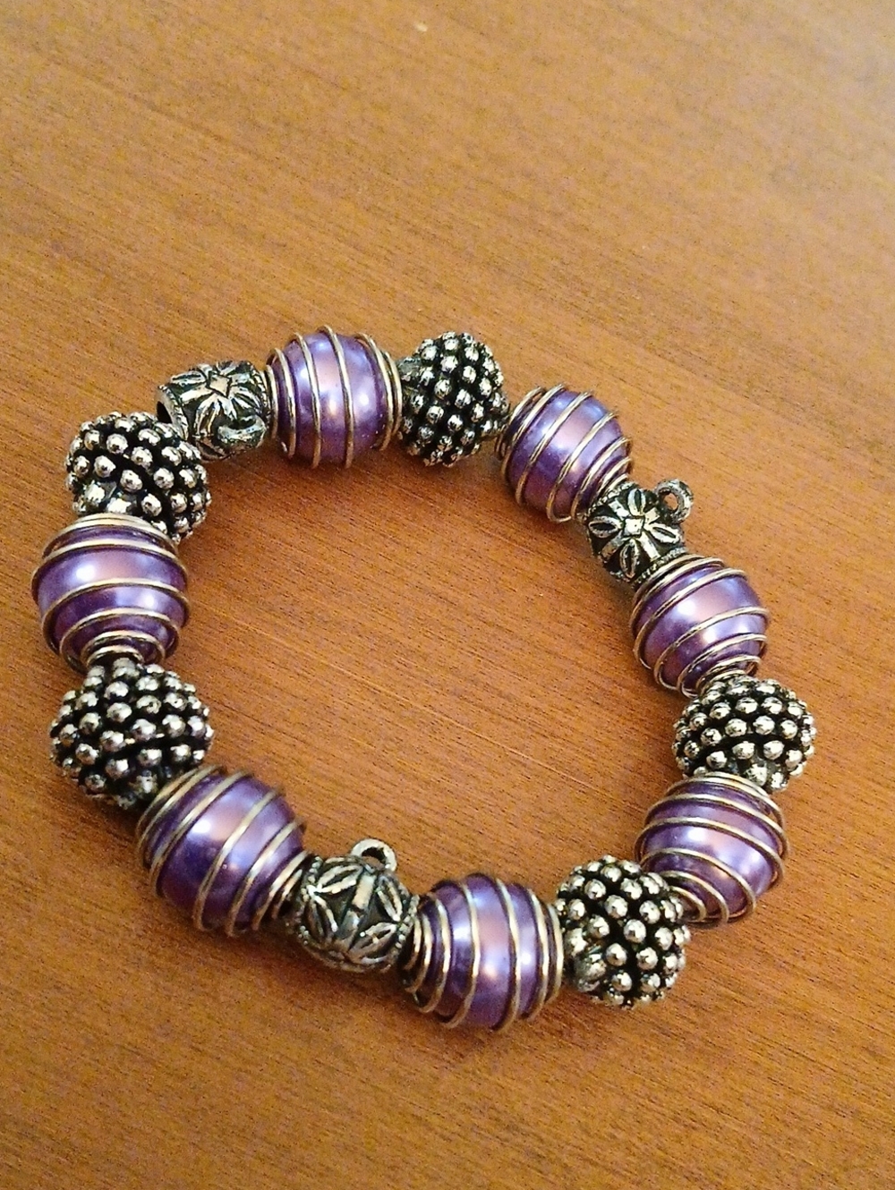 Purple Bead & Silver Tone Spacer Bracelet - Women's Jewelry